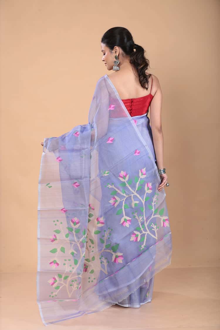 Hand Made Muslin Jamdani Saree With Sky Blue - 116