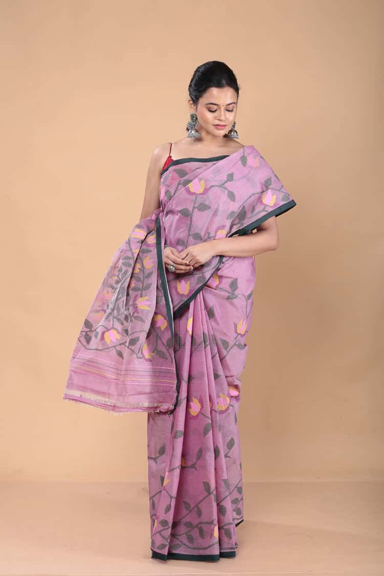 Muslin Jamdani Saree with Plum Coor-112