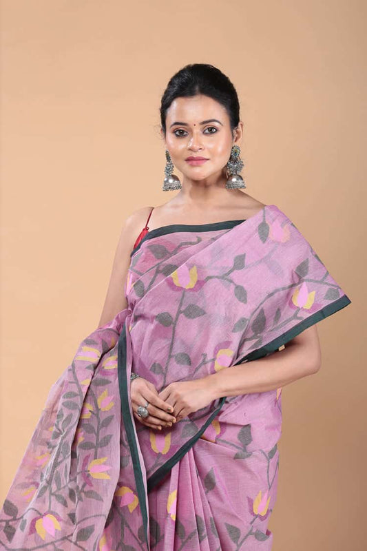 Muslin Jamdani Saree with Plum Coor-112