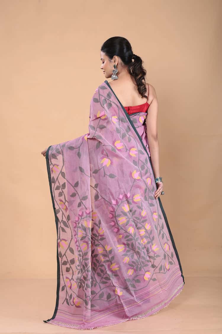 Muslin Jamdani Saree with Plum Coor-112