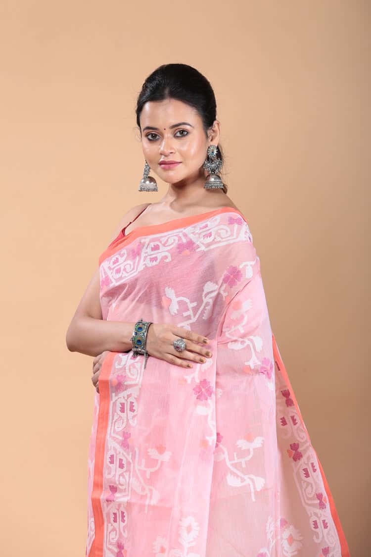 Muslin Jamdani Saree with Light Pink-110