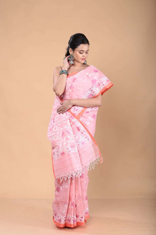 Muslin Jamdani Saree with Light Pink-110