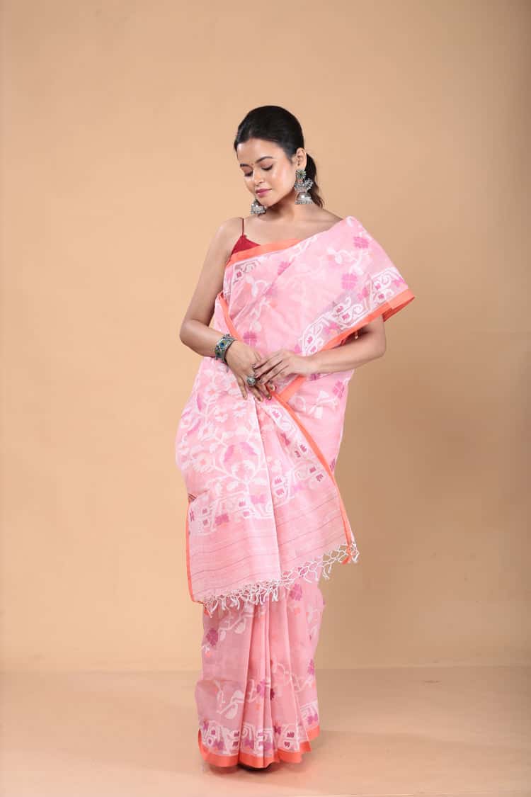 Muslin Jamdani Saree with Light Pink-110