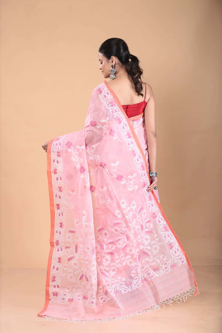 Muslin Jamdani Saree with Light Pink-110