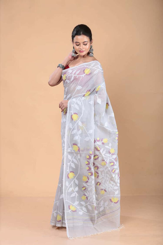 Gainsboro Color Muslin Jamdani Saree-109 - indeloom