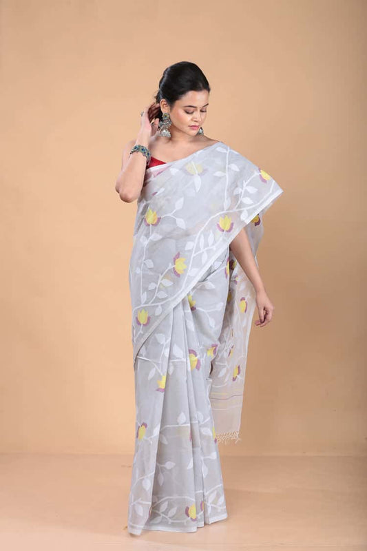 Gainsboro Color Muslin Jamdani Saree-109 - indeloom
