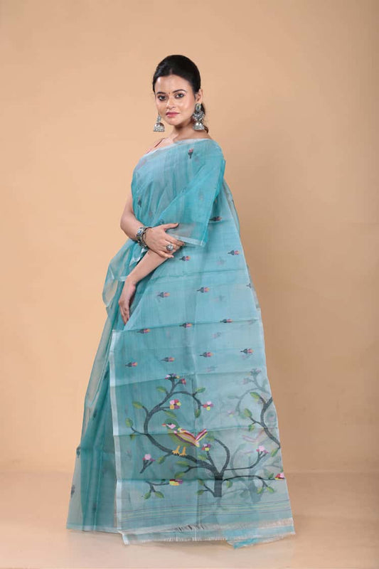 Steel Blue Muslin Jamdani Saree-108