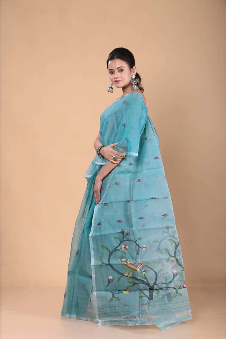 Handwoven Pure Jamdani Muslin Saree | Steel Blue