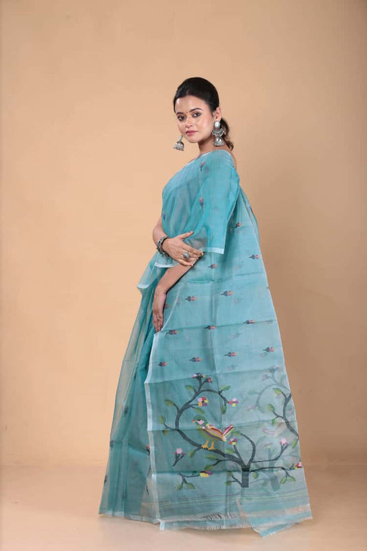 Handwoven Pure Jamdani Muslin Saree | Steel Blue