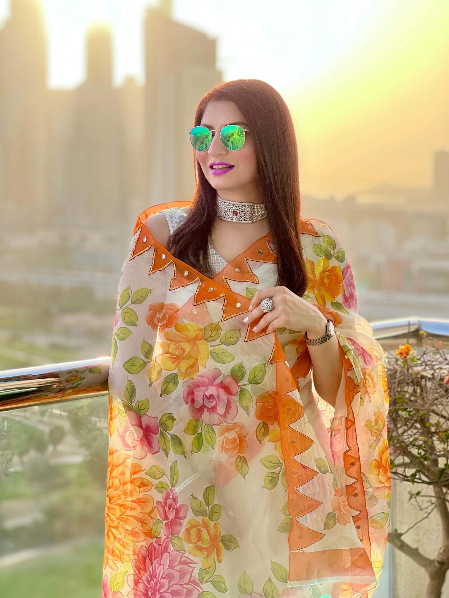 Hand Painted Roses and Dahila Floral Designer Organza Saree With - Hand Embroidery Gota (Pre-Order)Saree - indeloom