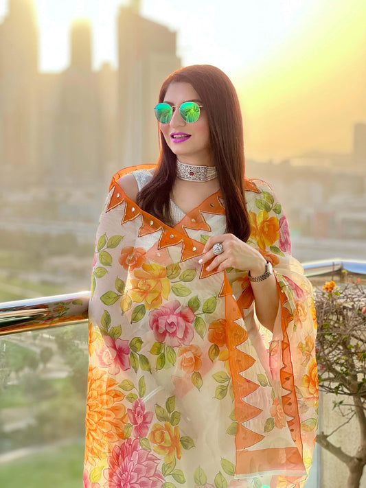 Hand Painted Roses and Dahila Floral Designer Organza Saree With - Hand Embroidery Gota (Pre-Order)Saree - indeloom