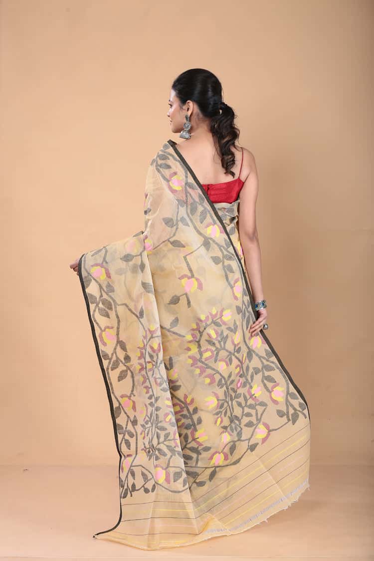 Hand Made Muslin Jamdani Saree With Sandy Brown - 106