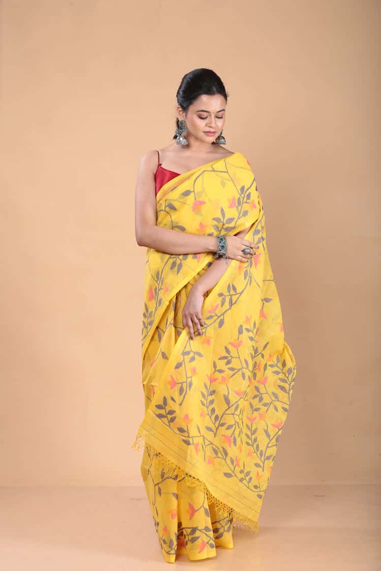 Handwoven Pure Jamdani Muslin Saree | Sun Yellow