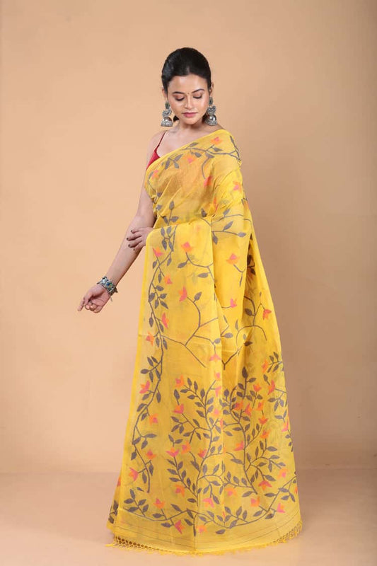 Hand Made Muslin Jamdani Saree With Yellow Classic - 103