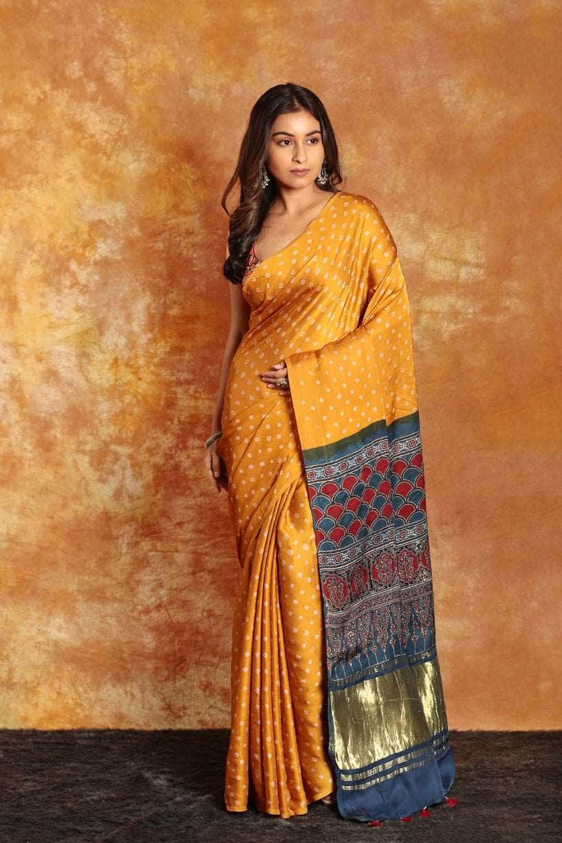 Ajrakh x Bandhini Saree - 003 - indeloom