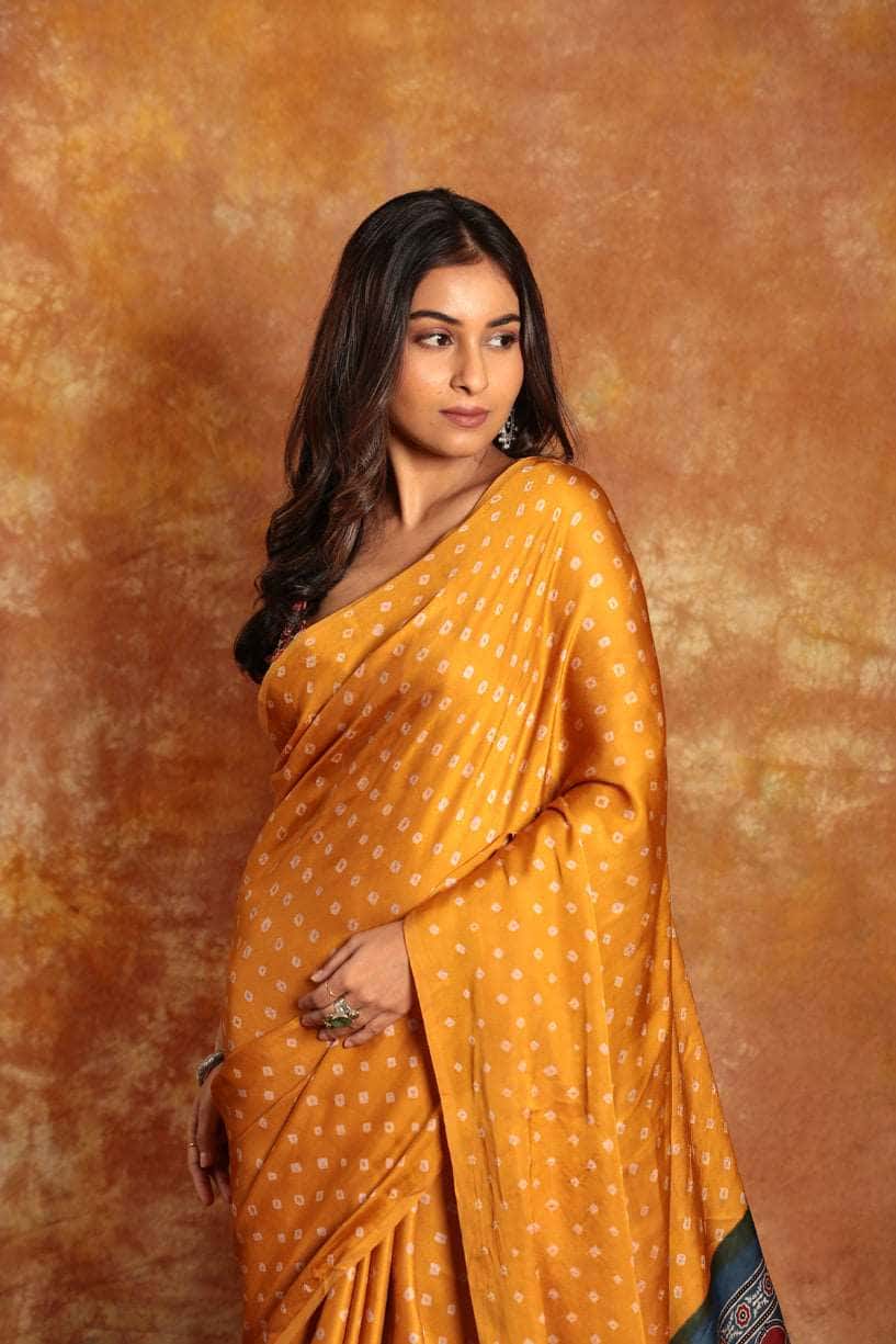 Ajrakh x Bandhini Saree - 003 - indeloom