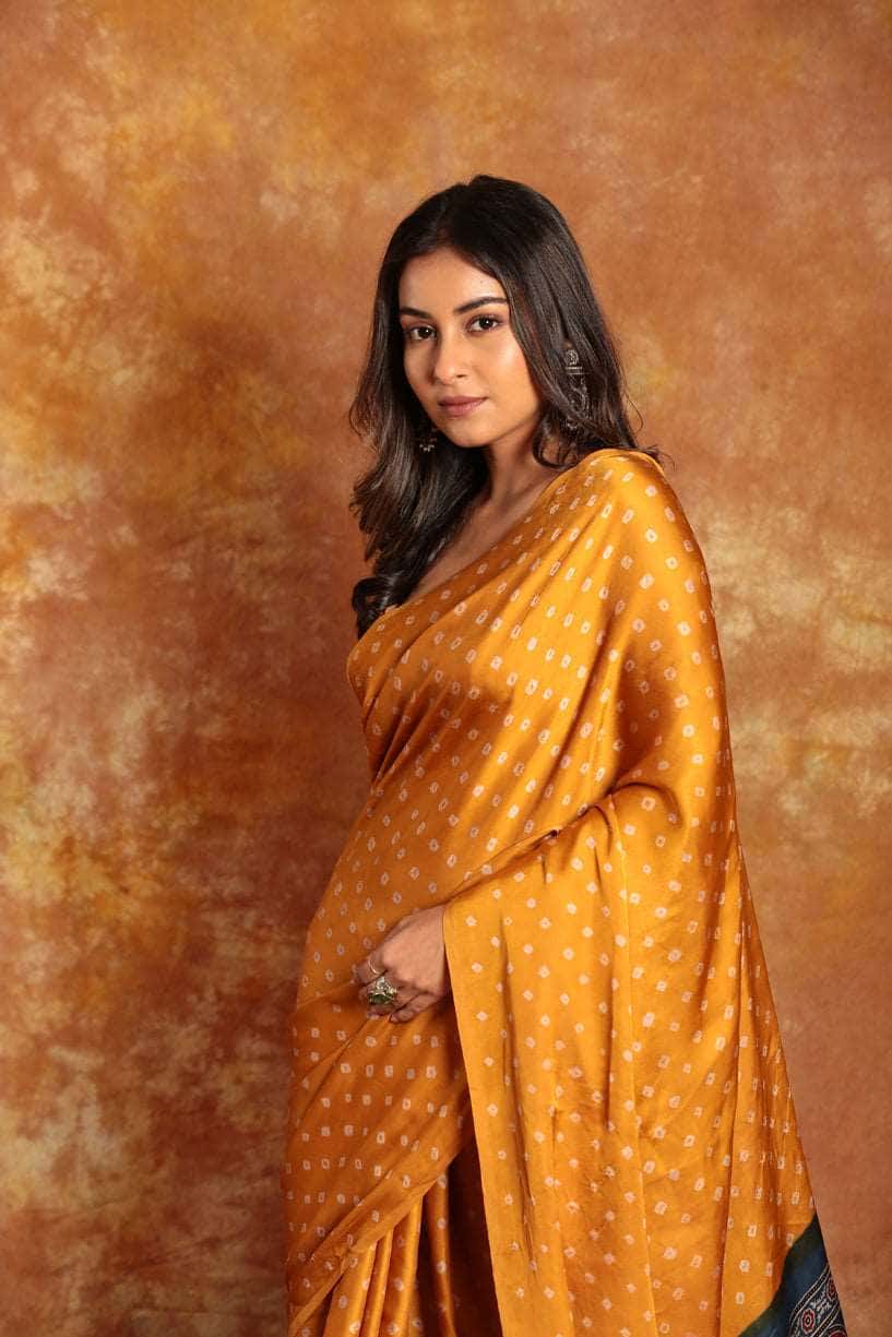 Ajrakh x Bandhini Saree - 003 - indeloom