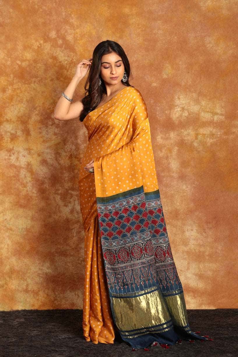 Ajrakh x Bandhini Saree - 003 - indeloom