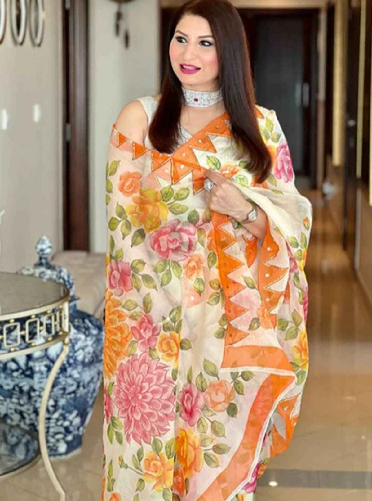 Hand Painted Roses and Dahila Floral Designer Organza Saree With - Hand Embroidery Gota (Pre-Order)Saree