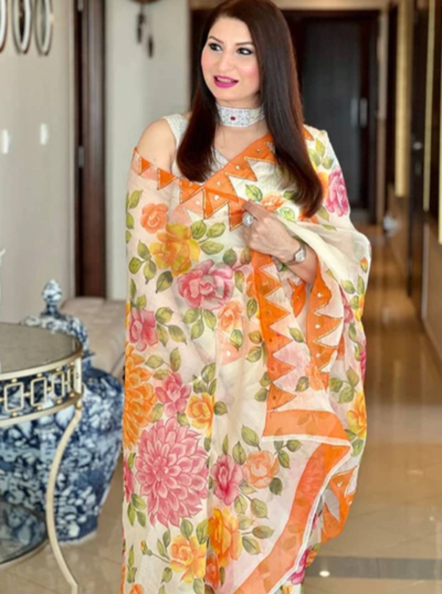 Hand Painted Roses and Dahila Floral Designer Organza Saree With - Hand Embroidery Gota (Pre-Order)Saree