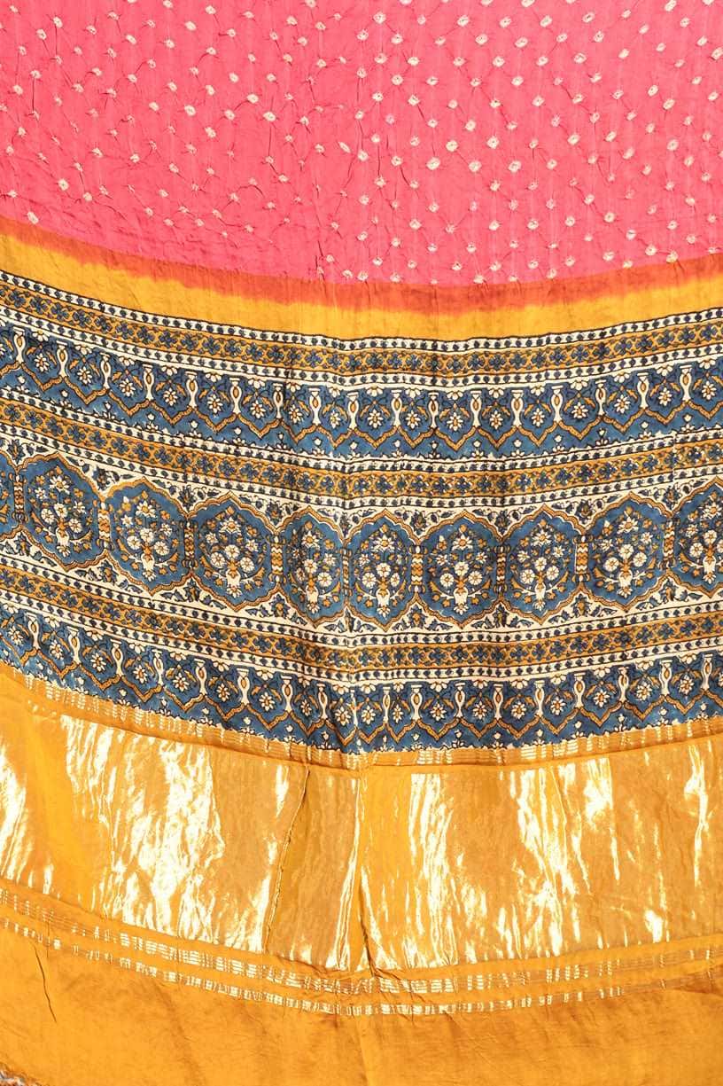 Ajrakh x Bandhini Rani Pink Saree - 005 - indeloom