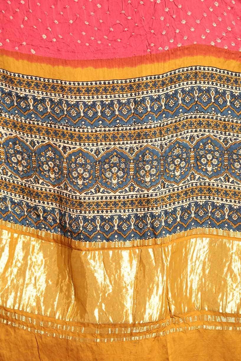 Ajrakh x Bandhini Rani Pink Saree - 005 - indeloom