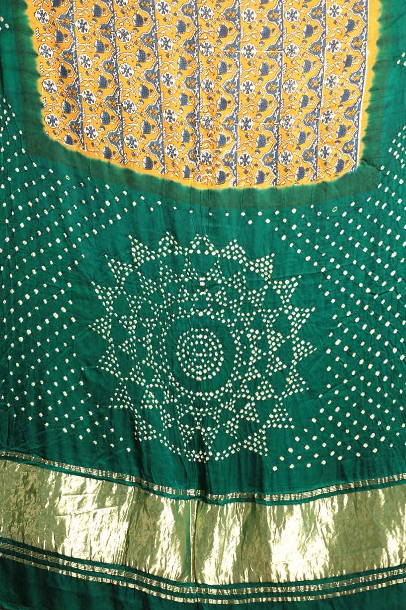Ajrakh x Bandhini Green Saree-007 - indeloom