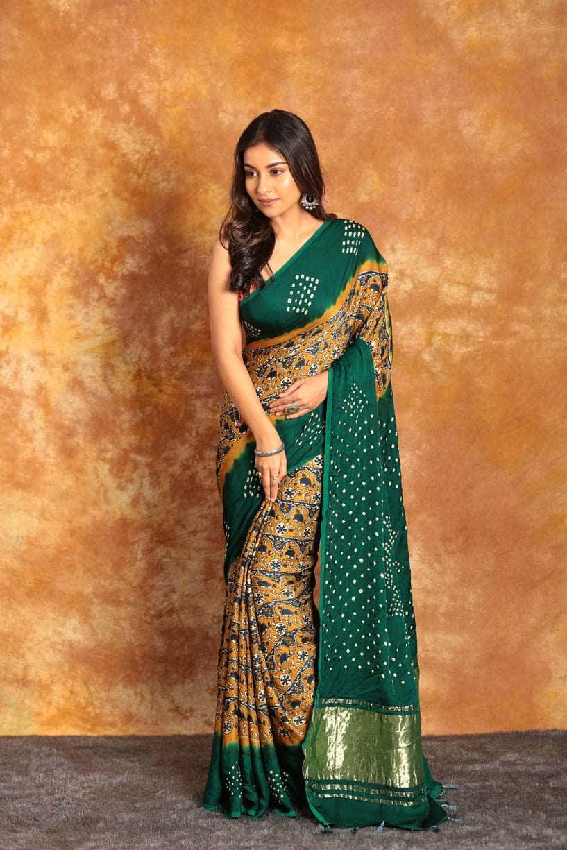 Ajrakh x Bandhini Green Saree-007 - indeloom