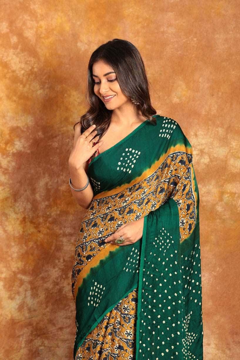 Ajrakh x Bandhini Green Saree-007 - indeloom