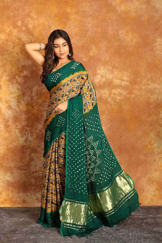 Ajrakh x Bandhini Green Saree-007 - indeloom