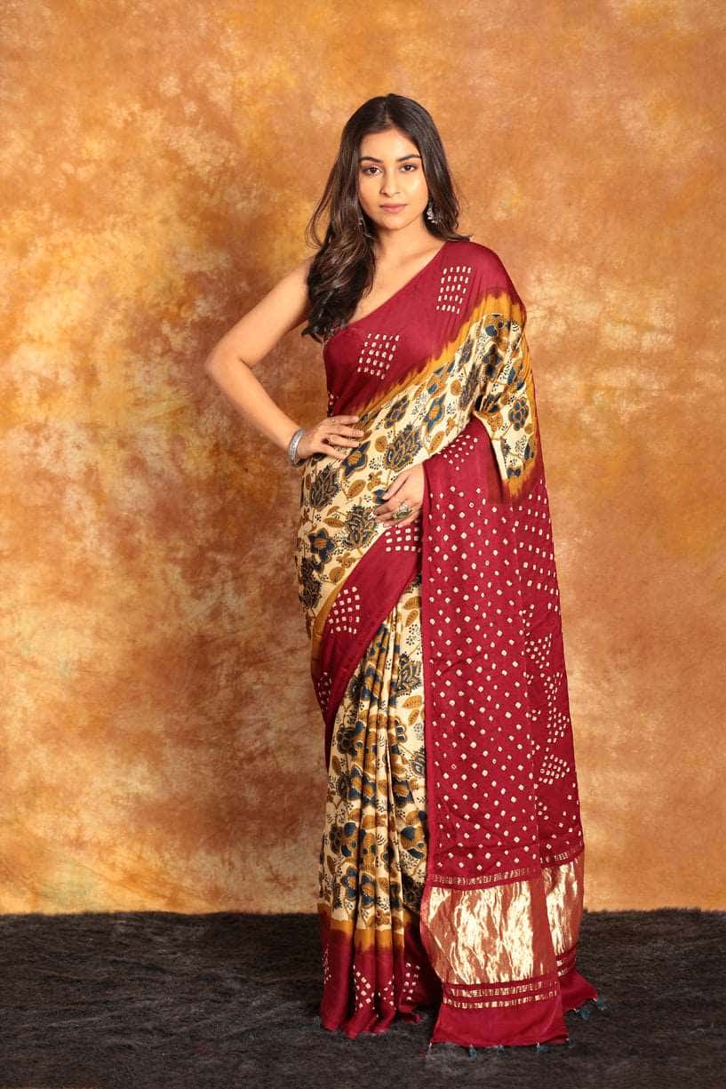 Ajrakh x Bandhini Multi color Saree-009 - indeloom