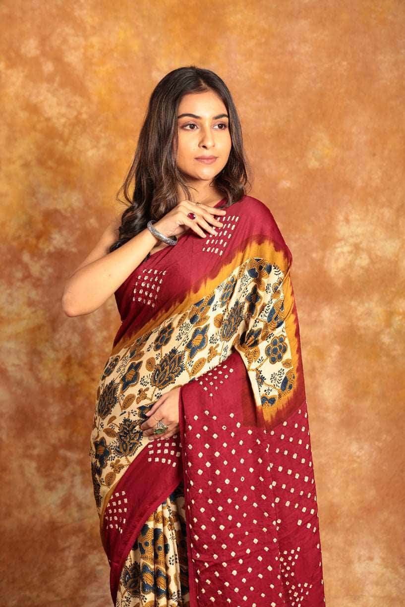 Ajrakh x Bandhini Multi color Saree-009 - indeloom