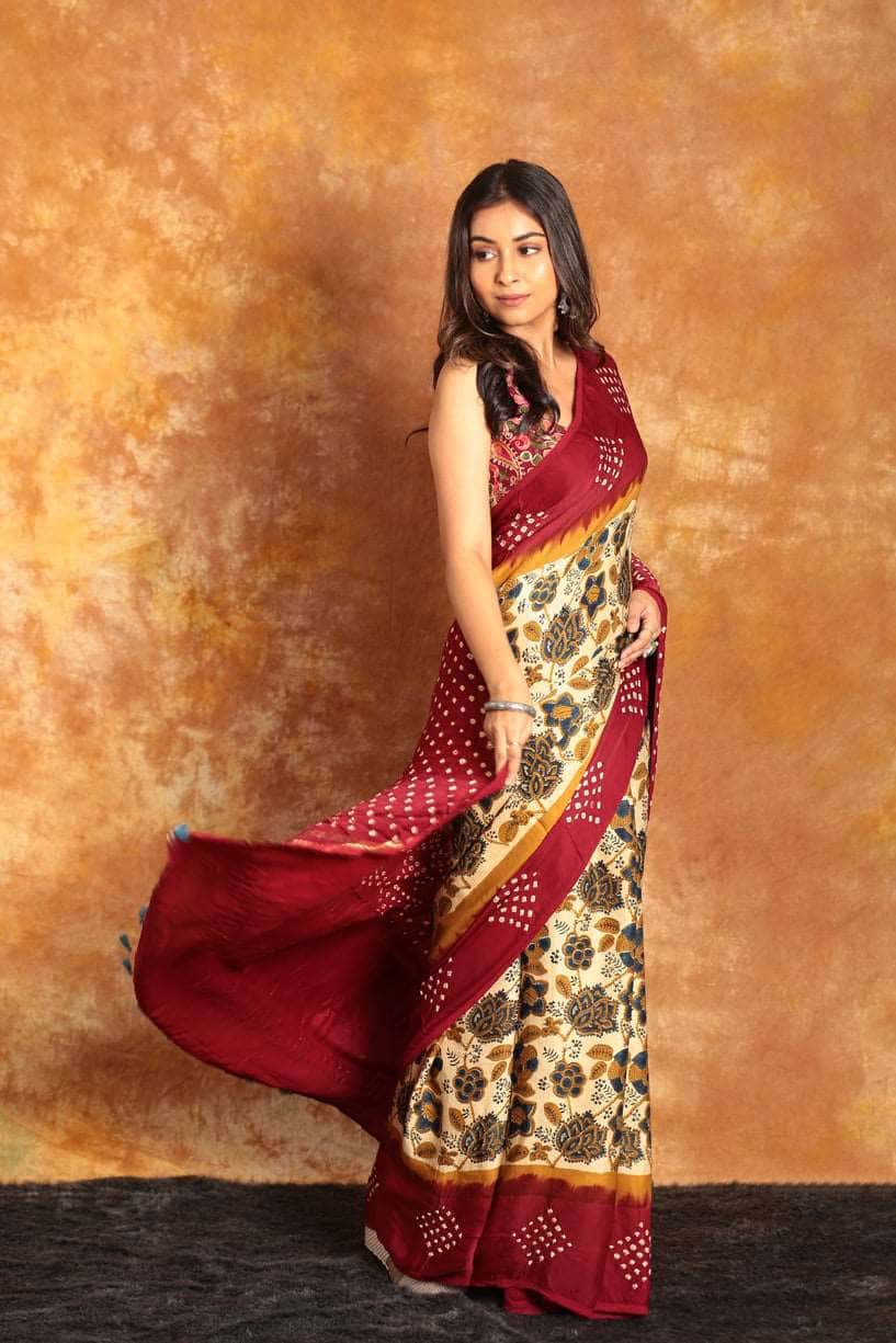 Ajrakh x Bandhini Multi color Saree-009 - indeloom