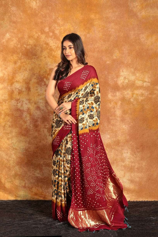 Ajrakh x Bandhini Multi color Saree-009 - indeloom