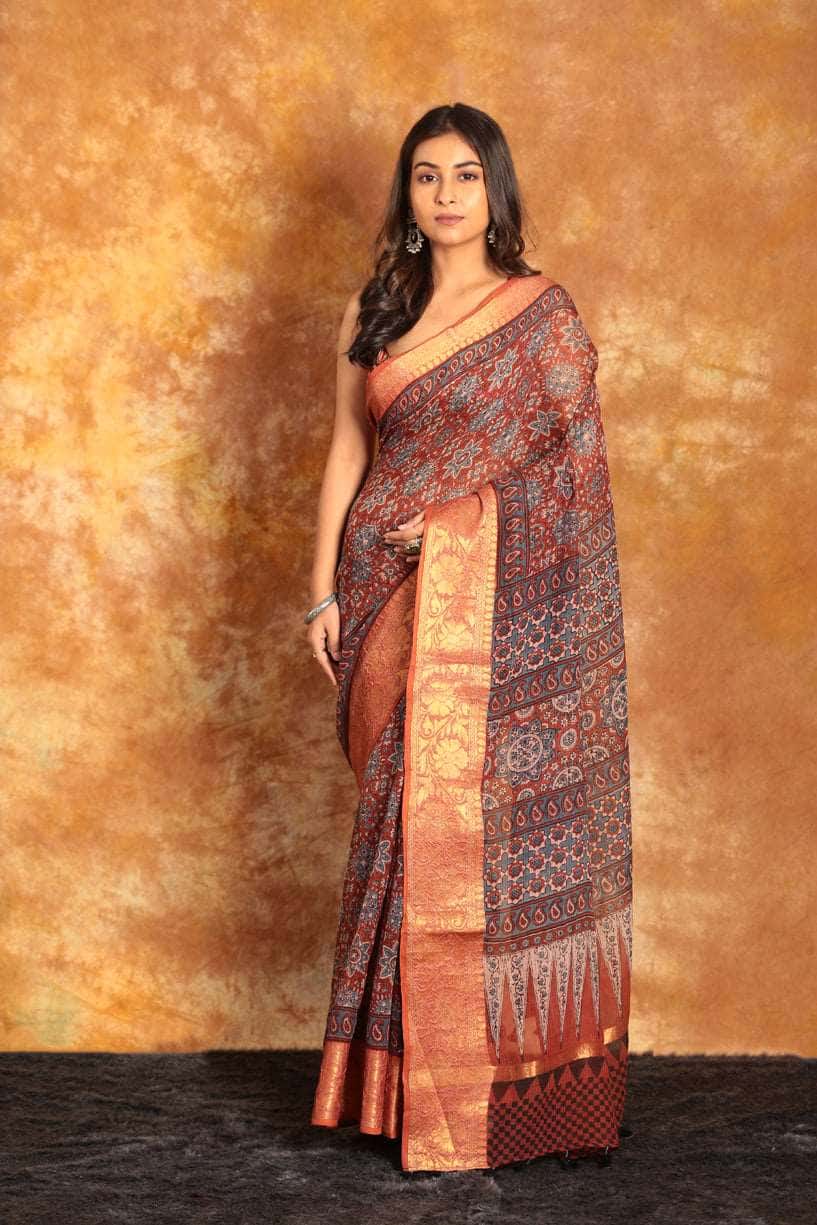 Ajrakh Exclusive Chanderi Saree - 010 - indeloom