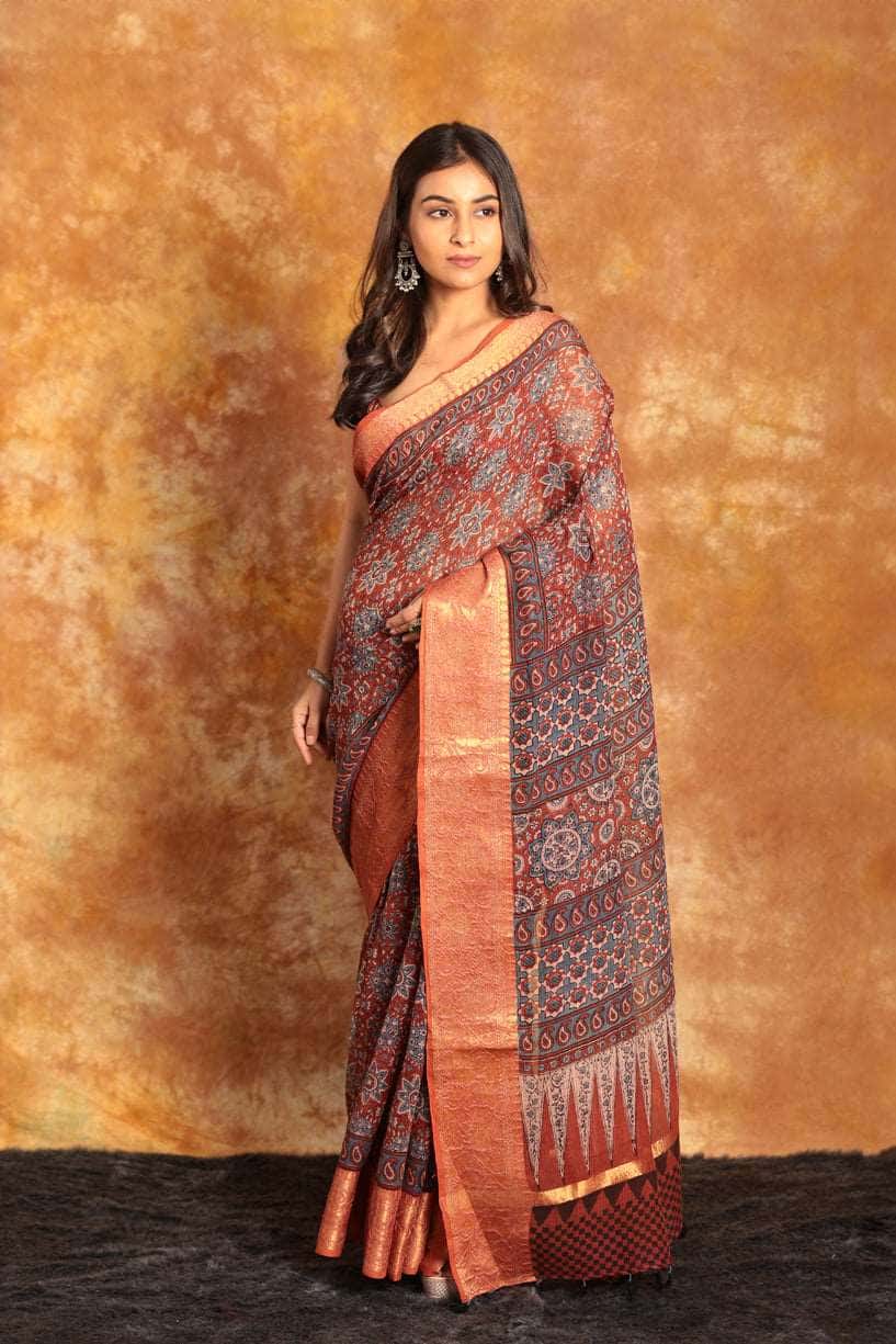 Ajrakh Exclusive Chanderi Saree - 010 - indeloom