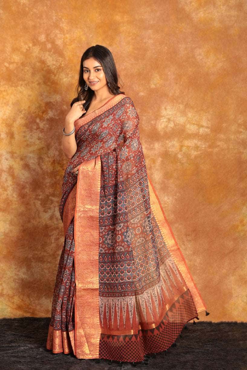 Ajrakh Exclusive Chanderi Saree - 010 - indeloom