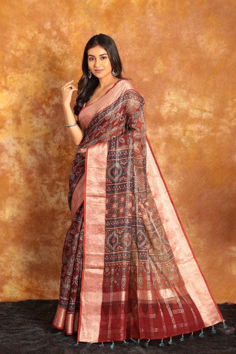 Ajrakh HALDI Exclusive Chanderi Saree - 011 - indeloom