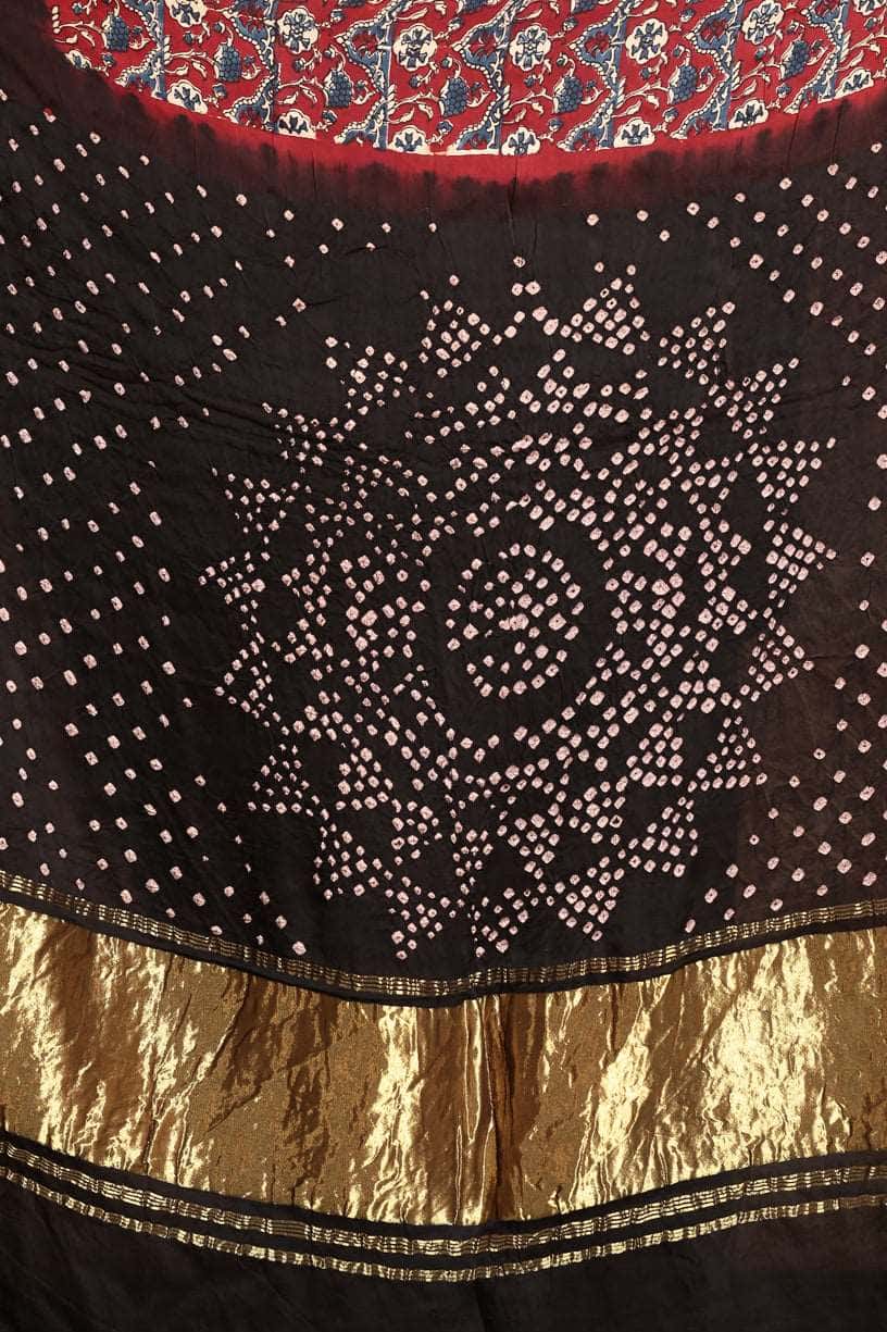 Ajrakh x Bandhini Black Red Saree - 012 - indeloom
