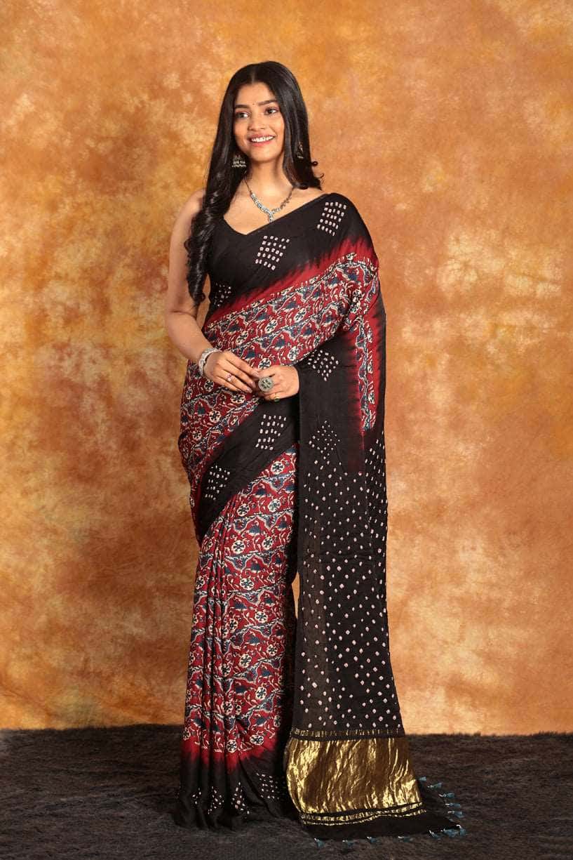 Ajrakh x Bandhini Black Red Saree - 012 - indeloom