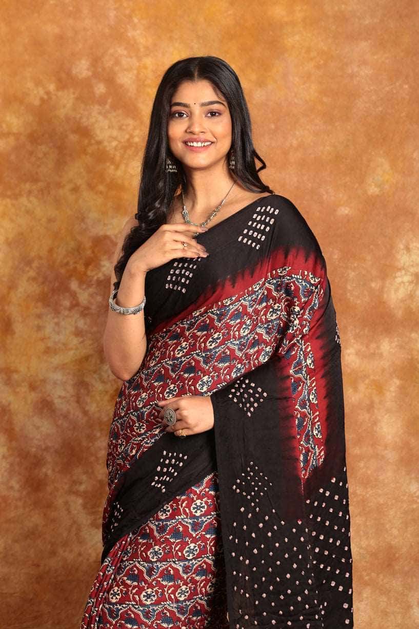Ajrakh x Bandhini Black Red Saree - 012 - indeloom