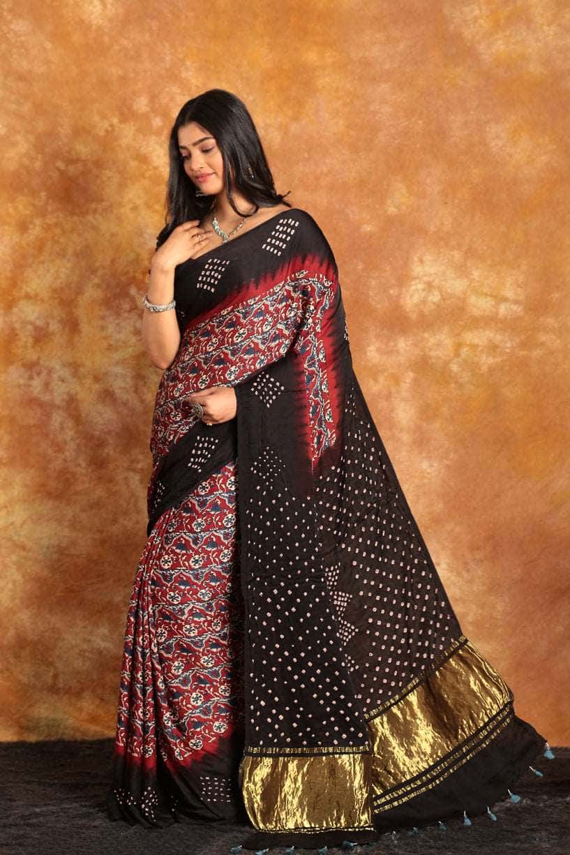 Ajrakh x Bandhini Black Red Saree - 012 - indeloom