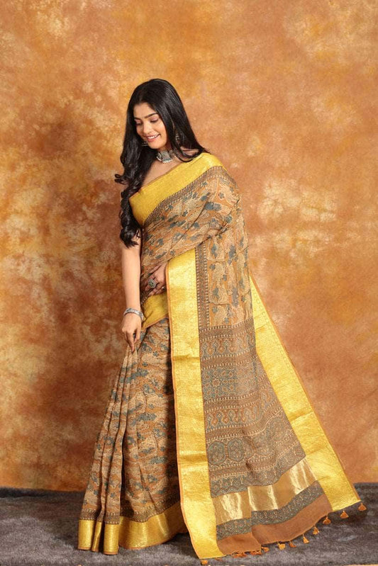 Ajrakh Haldi Color Maheswari Silk Saree-019 - indeloom