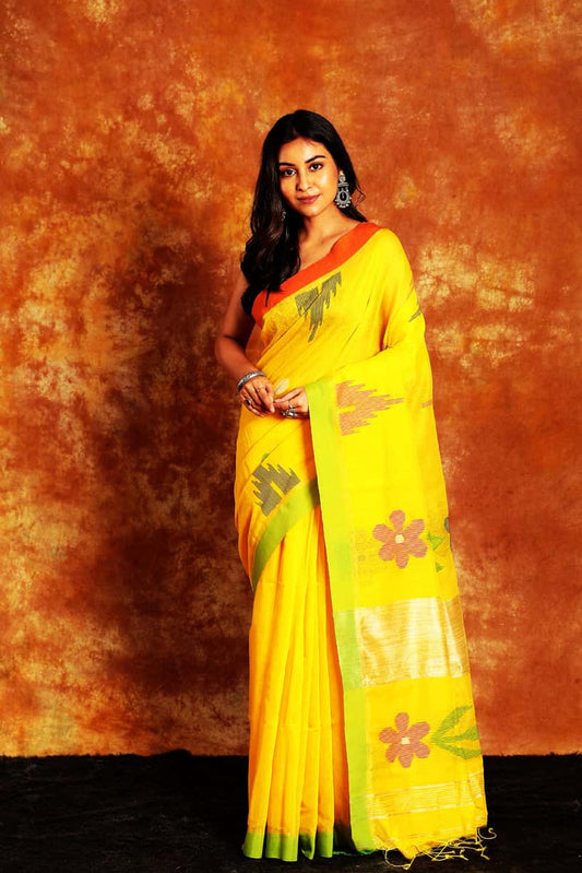 Handwoven Handloom Jamdani Yellow Saree-005 - indeloom