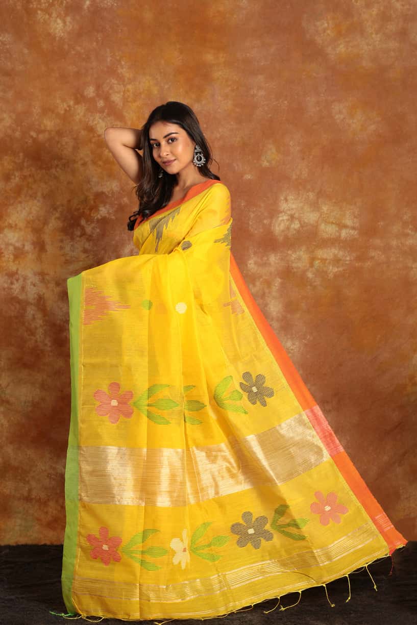 Handwoven Handloom Jamdani Yellow Saree-005 - indeloom