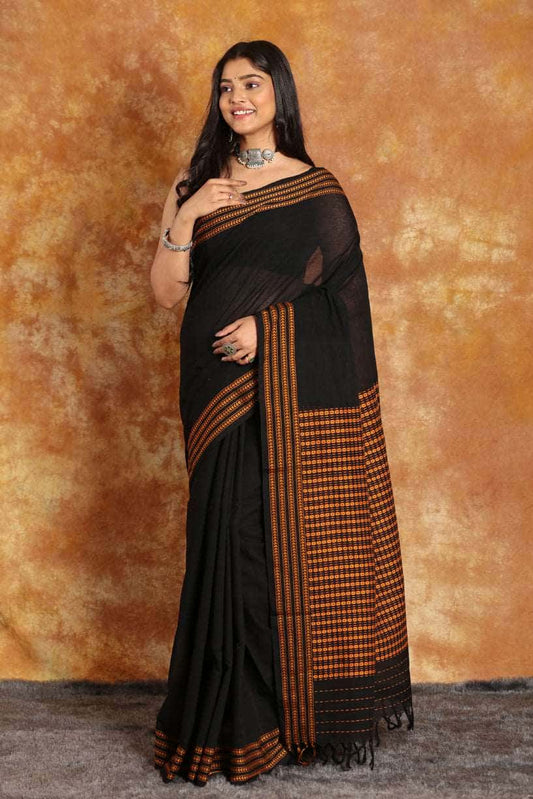 Black-Handloom Cotton Saree(Pre-Order)-025 - indeloom