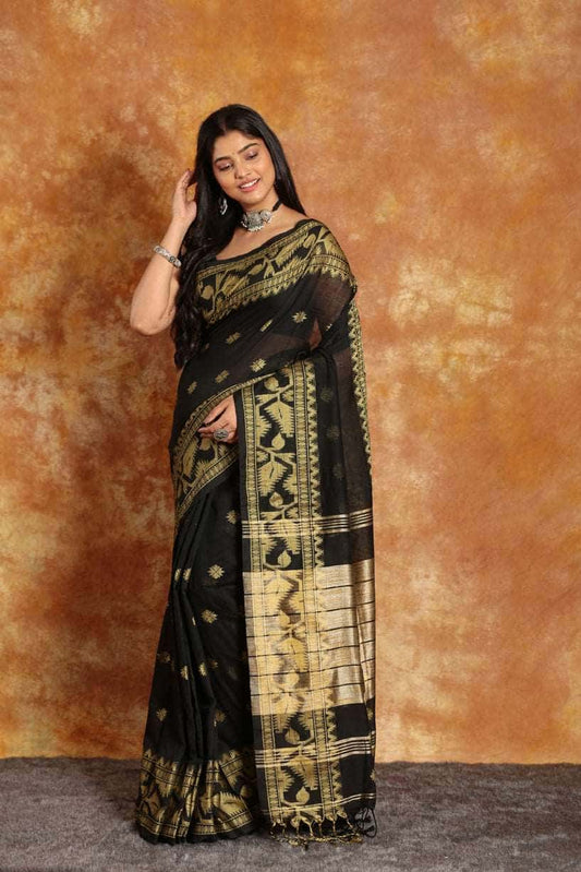 Black with Golden Zari Border-Handloom Cotton Saree-023 - indeloom