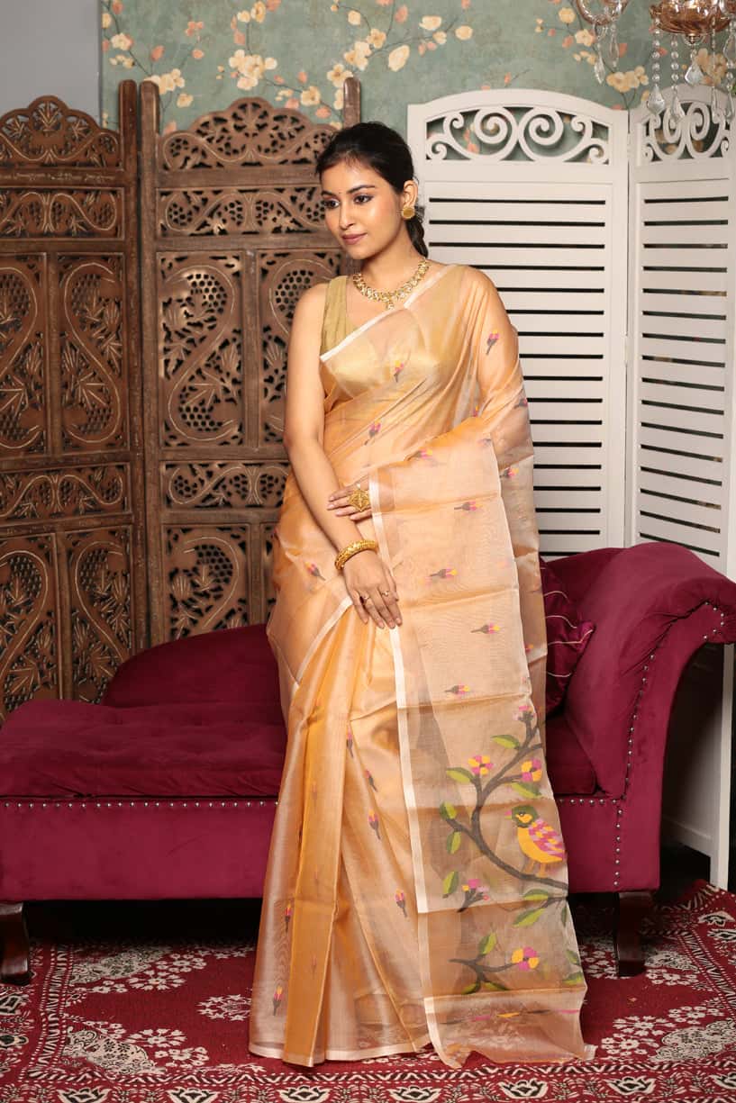 Honey Orange Muslin Silk Jamdani Saree(Pre-Order)-014 - indeloom
