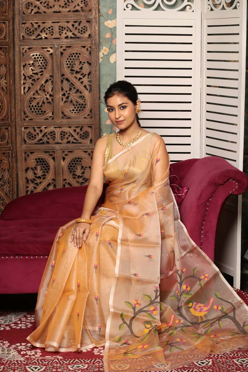 Honey Orange Muslin Silk Jamdani Saree(Pre-Order)-014 - indeloom