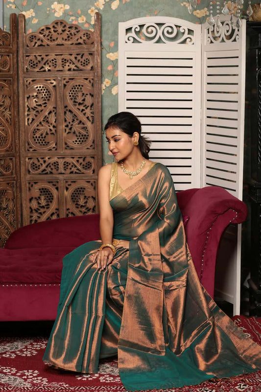Shaded Olive Green Tissue Silk Saree-014